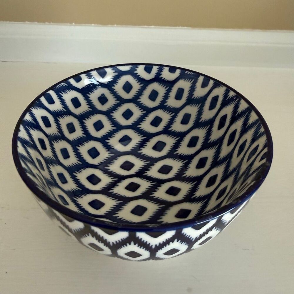 Blue & White Ikat Pattern Bowl | Small Decorative Ceramic Bowl | Indigo Geometri